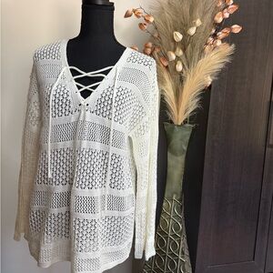 Maurice’s White Crochet Lace-Up Sweater